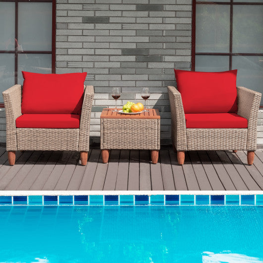 3 Pieces Patio Rattan Furniture Set with Washable Cushion for Yard Porch-Red