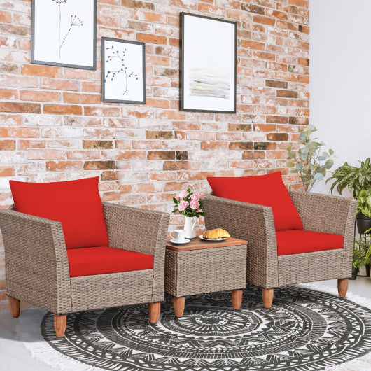 3 Pieces Patio Rattan Furniture Set with Washable Cushion for Yard Porch-Red