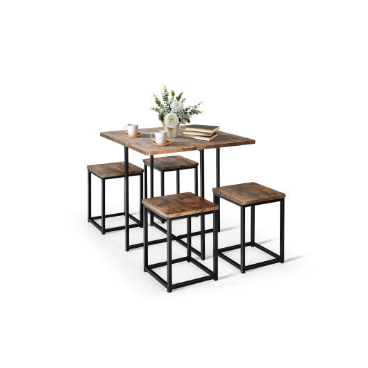 5 Pieces Metal Frame Dining Set with Compact Dining Table and 4 Stools -Walnut