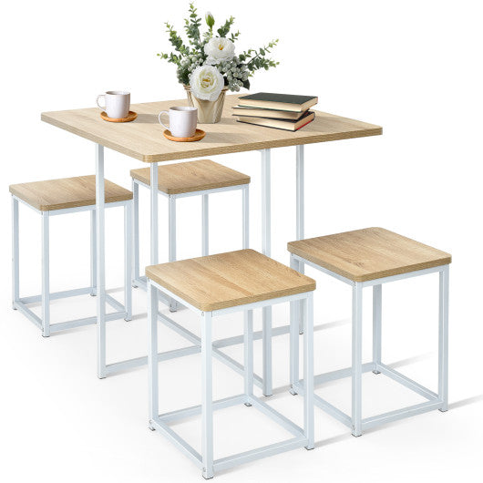 5 Pieces Metal Frame Dining Set with Compact Dining Table and 4 Stools-Natural