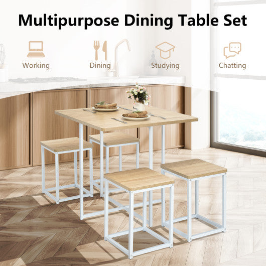 5 Pieces Metal Frame Dining Set with Compact Dining Table and 4 Stools-Natural