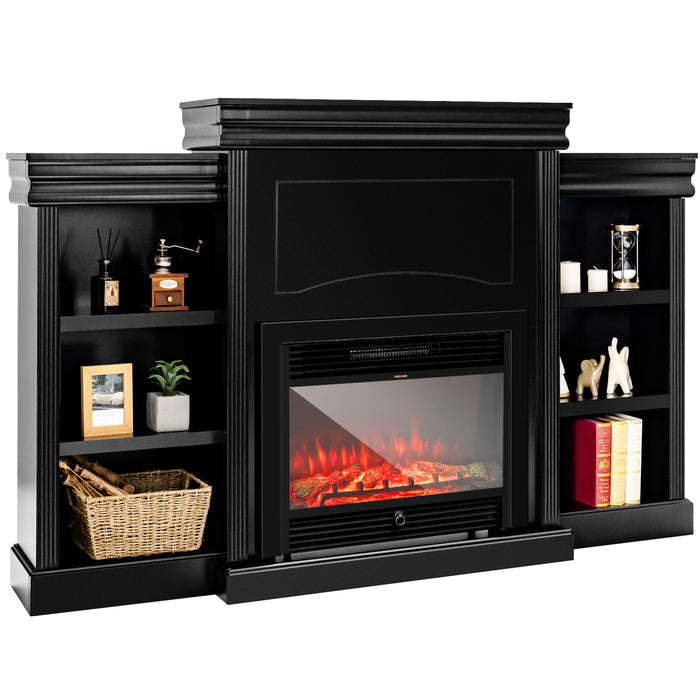 70 Inch Modern Fireplace Media Entertainment Center with Bookcase-Black