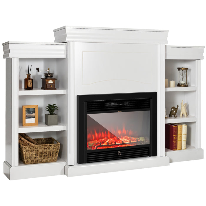 70 Inch Modern Fireplace Media Entertainment Center with Bookcase-White