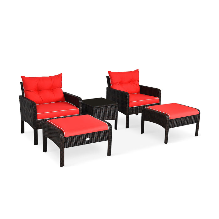 5 Pieces Patio Rattan Sofa Ottoman Furniture Set with Cushions-Red