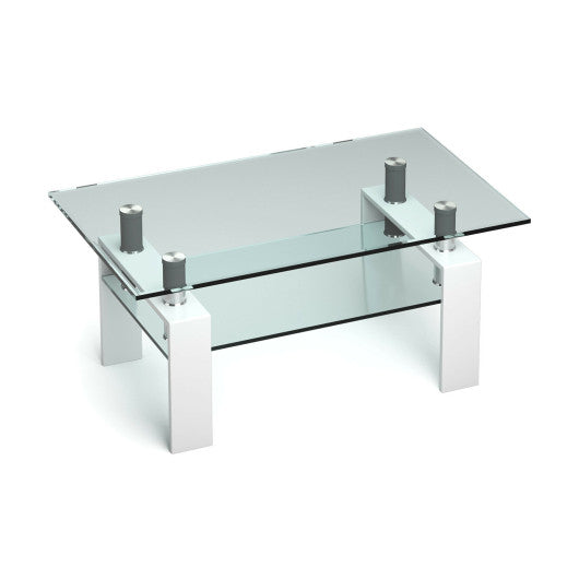 Rectangle Glass Coffee Table with Metal Legs for Living Room-White