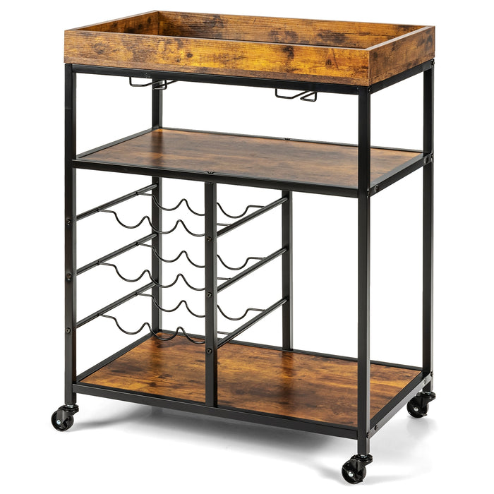 3-Tier Wood Rolling Kitchen Serving Cart with 9 Wine Bottles Rack Metal Frame-Rustic Brown