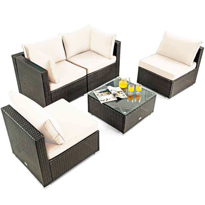 5 Pieces Cushioned Patio Rattan Furniture Set with Glass Table-White