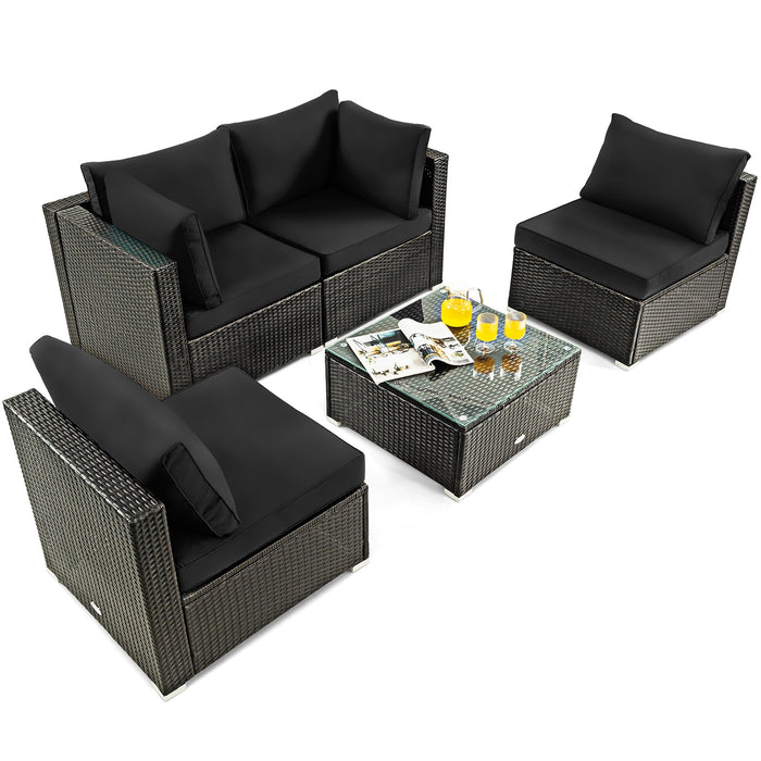 5 Pieces Cushioned Patio Rattan Furniture Set with Glass Table-Black