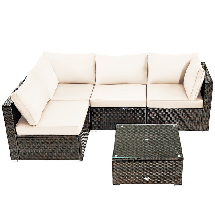 5 Pieces Cushioned Patio Rattan Furniture Set with Glass Table-White