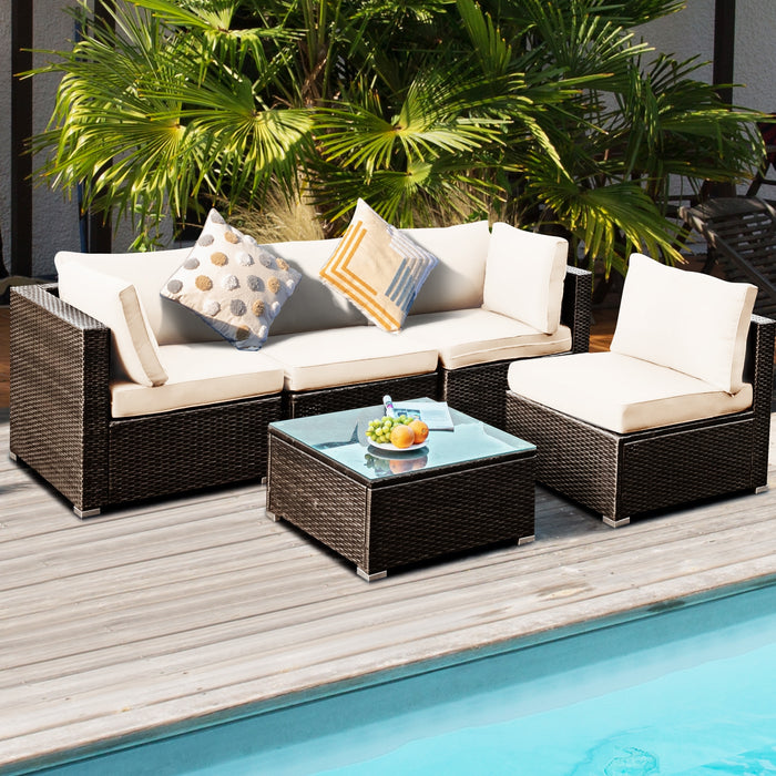 5 Pieces Cushioned Patio Rattan Furniture Set with Glass Table-White