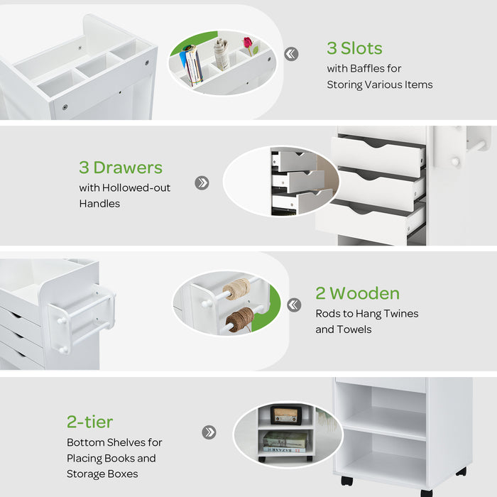 Wooden Utility Rolling Craft Storage Cart with Lockable Casters-White