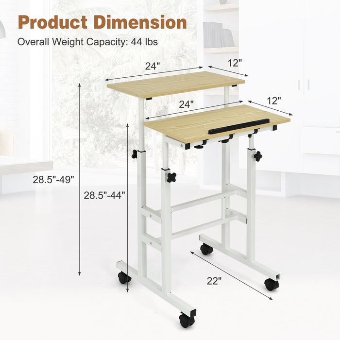 Height Adjustable Mobile Standing Desk with rolling wheels for office and home-Natural