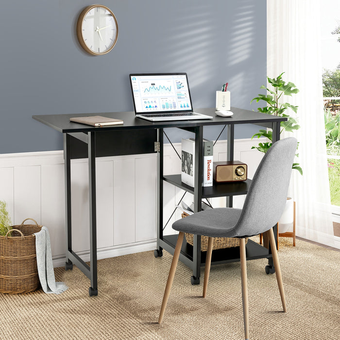 Folding Writing Office Desk with Storage Shelves-Black