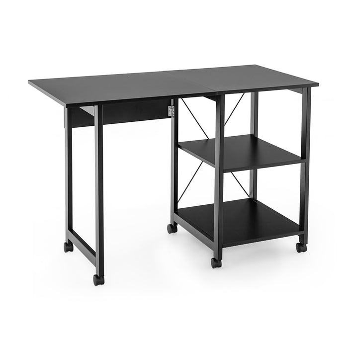 Folding Writing Office Desk with Storage Shelves-Black