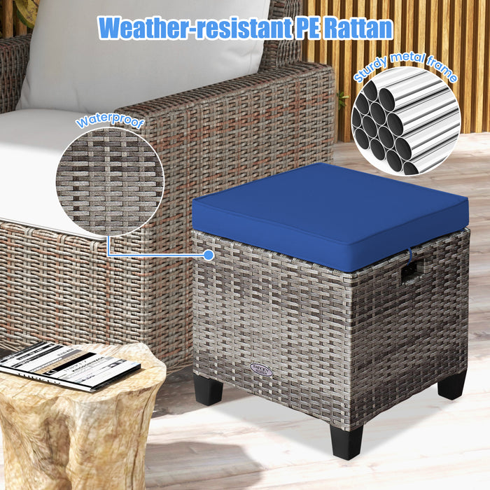 2 Pieces Patio Rattan Ottoman Seat with Removable Cushions-Navy