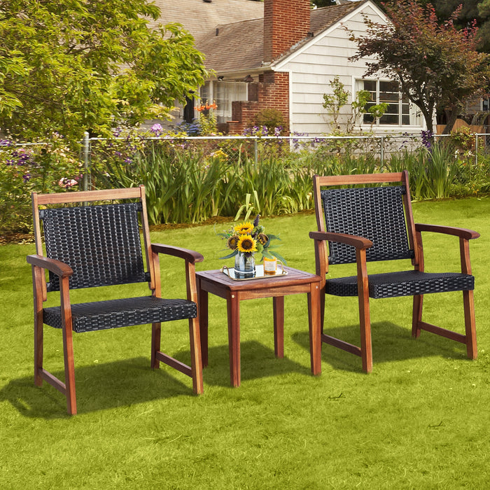 3 Pieces Rattan Bistro Set with Acacia Wood Frame for Garden