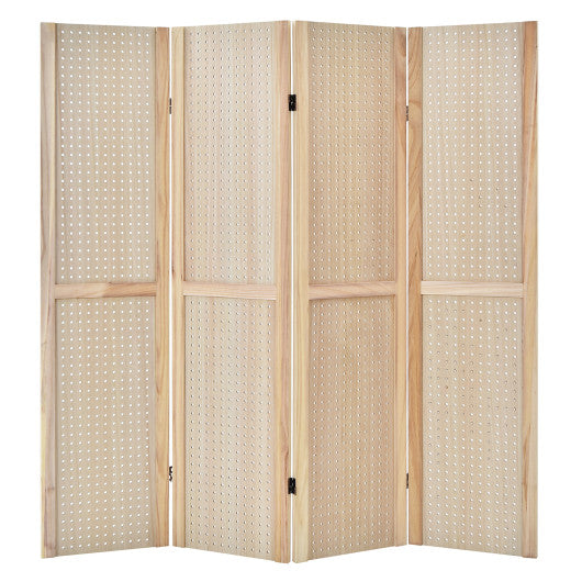 4-Panel Pegboard Display 5 Feet Tall Folding Privacy Screen for Craft Display Organized-Natural