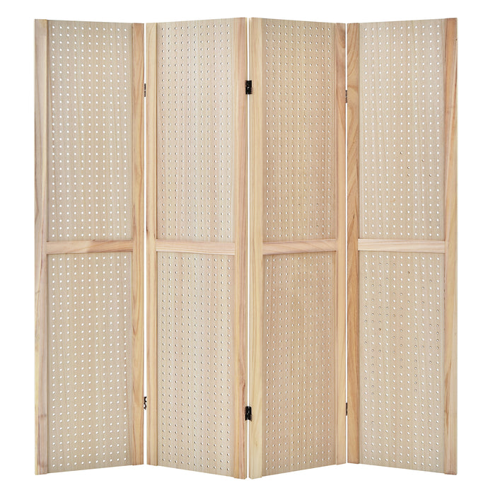 4-Panel Pegboard Display 5 Feet Tall Folding Privacy Screen for Craft Display Organized-Natural