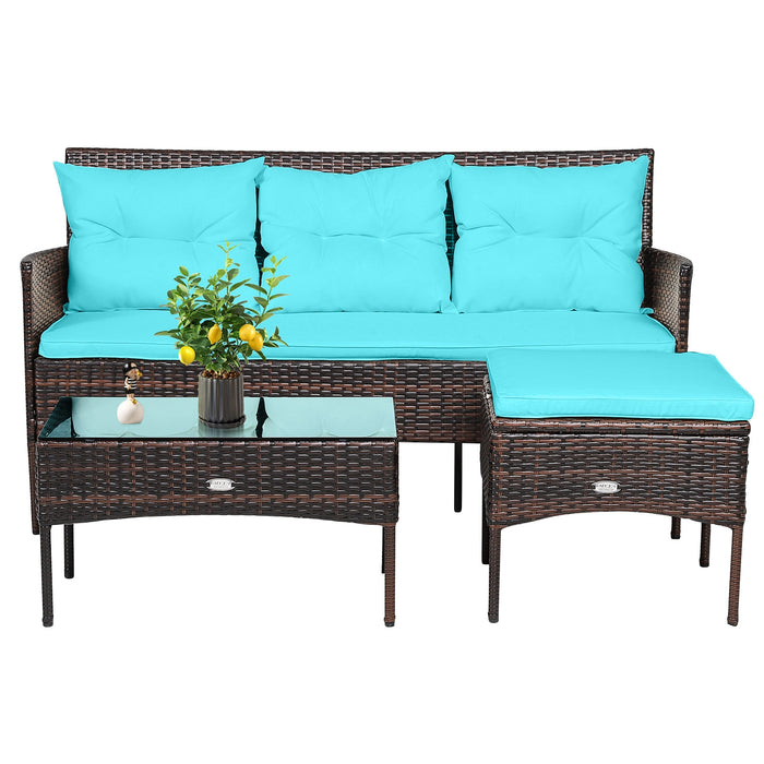 3 Pieces Patio Furniture Sectional Set with 5 Cozy Seat and Back Cushions-Turquoise