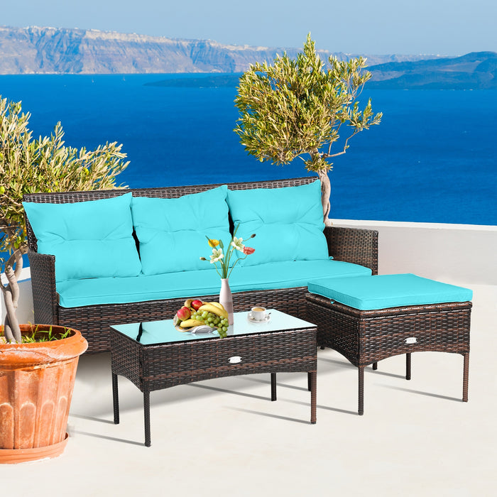 3 Pieces Patio Furniture Sectional Set with 5 Cozy Seat and Back Cushions-Turquoise