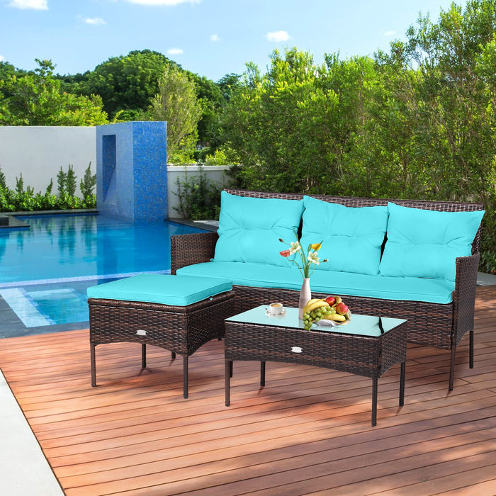 3 Pieces Patio Furniture Sectional Set with 5 Cozy Seat and Back Cushions-Turquoise