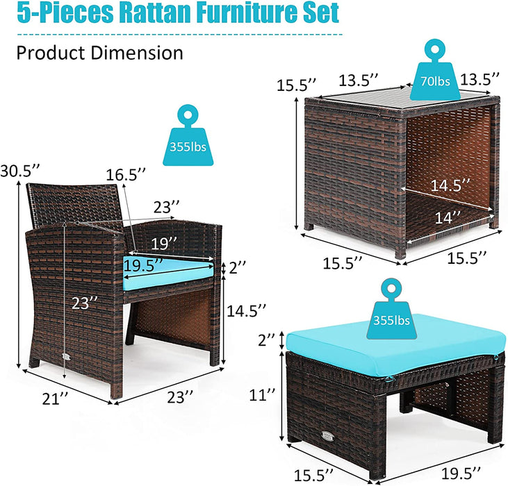 5 Pieces Patio Rattan Furniture Set with Ottoman and Tempered Glass Coffee Table-Turquoise