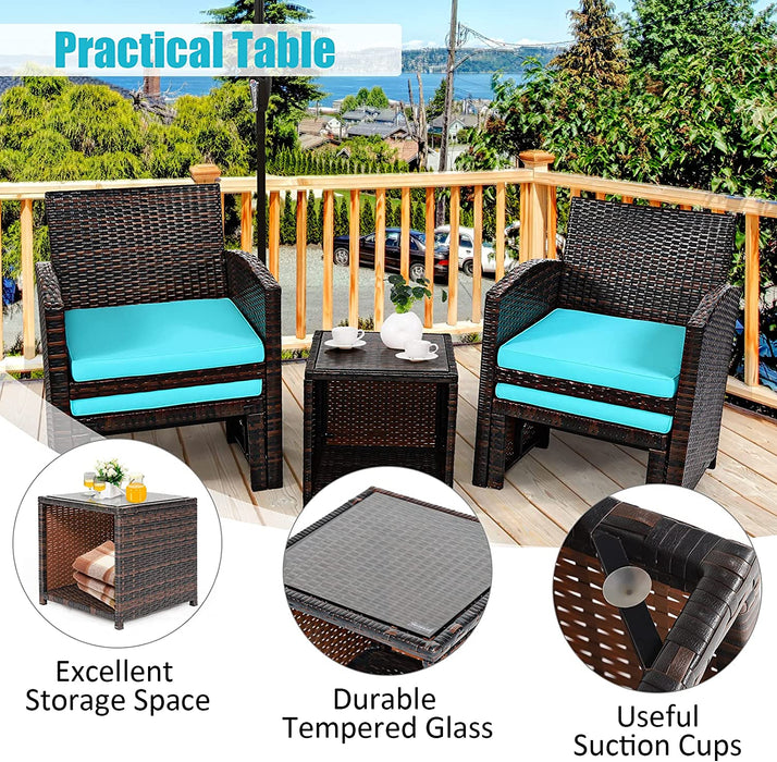 5 Pieces Patio Rattan Furniture Set with Ottoman and Tempered Glass Coffee Table-Turquoise