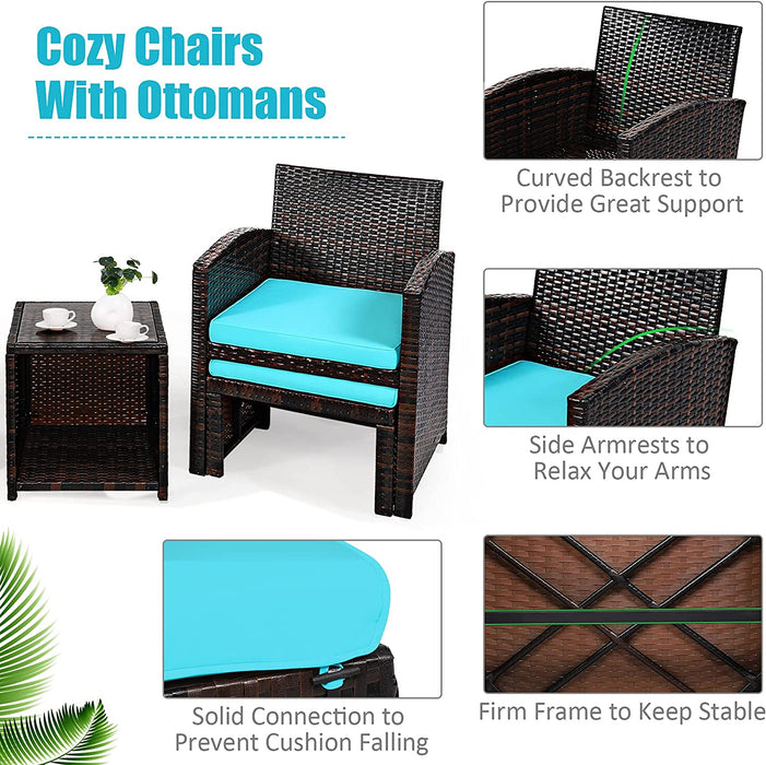 5 Pieces Patio Rattan Furniture Set with Ottoman and Tempered Glass Coffee Table-Turquoise