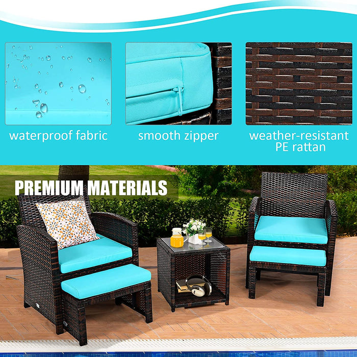 5 Pieces Patio Rattan Furniture Set with Ottoman and Tempered Glass Coffee Table-Turquoise