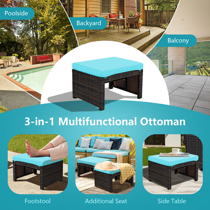 2 Pieces Patio Rattan Ottomans with Soft Cushion for Patio and Garden-Turquoise