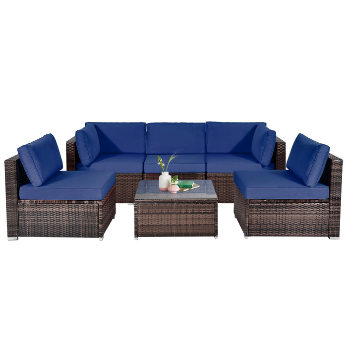 6 Pieces Patio Rattan Furniture Set with Cushions and Glass Coffee Table-Navy