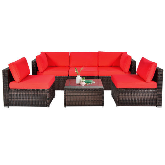 6 Pieces Patio Rattan Furniture Set with Cushions and Glass Coffee Table-Red