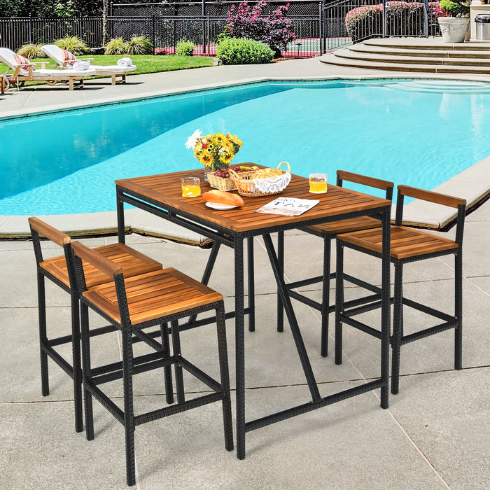 5 Pieces Outdoor Acacia Wood and PE Rattan Bar Set