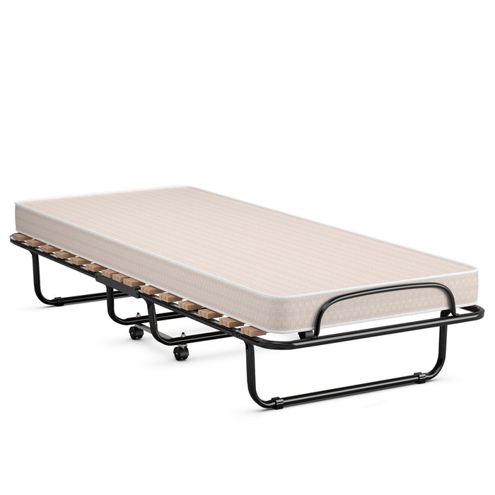 Portable Folding Bed with Memory Foam Mattress and Sturdy Metal Frame Made in Italy-Beige