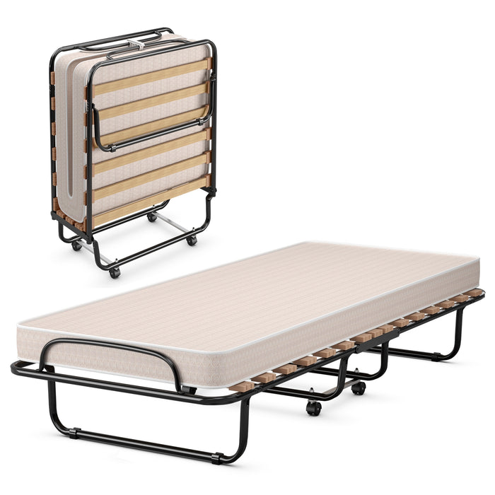 Portable Folding Bed with Memory Foam Mattress and Sturdy Metal Frame Made in Italy-Beige