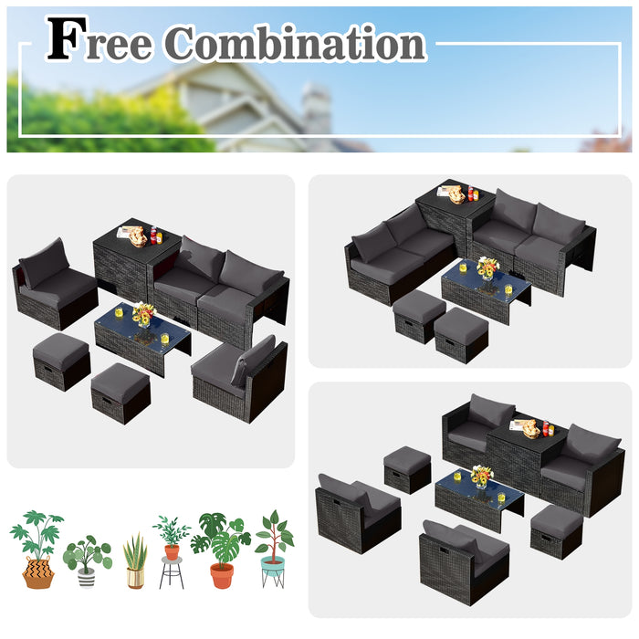 8 Pieces Patio Rattan Storage Table Furniture Set-Gray