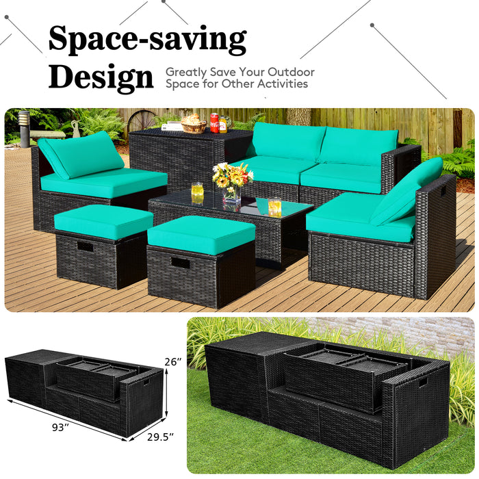 8 Pieces Patio Rattan Storage Table Furniture Set-Turquoise