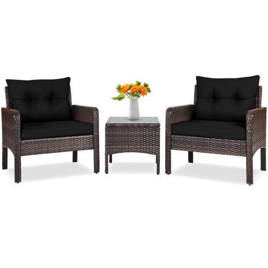 3 Pcs Outdoor Patio Rattan Conversation Set with Seat Cushions-Black