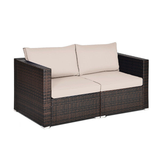 2 Pieces Patio Rattan Sectional Conversation Sofa Set-Beige