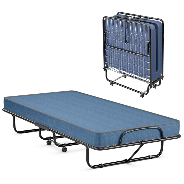 Rollaway Guest Bed with Sturdy Steel Frame and Memory Foam Mattress Made in Italy-Navy