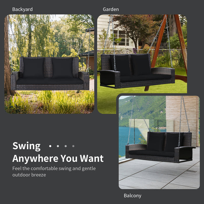 2-Person Patio Rattan Porch Swing with Cushions-Black