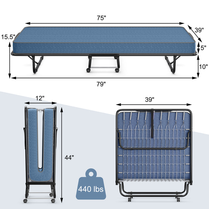 Portable Folding Bed with Memory Foam Mattress and Sturdy Metal Frame Made in Italy-Navy