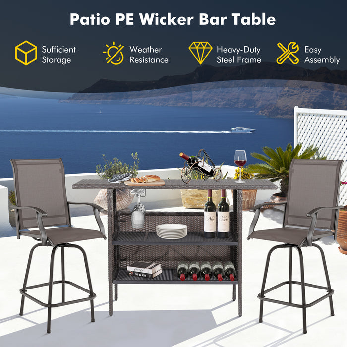 Outdoor Wicker Bar Table with 2 Metal Mesh Shelves