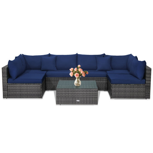 7 Pieces Patio Rattan Furniture Set Sectional Sofa Garden Cushion-Navy