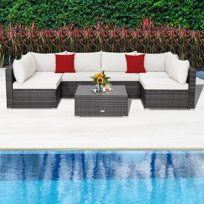 7 Pieces Patio Rattan Furniture Set Sectional Sofa Garden Cushion-White