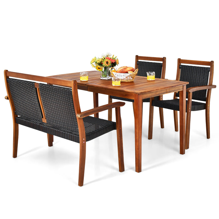 4 Pieces Acacia Wood Patio Rattan Dining Furniture Set