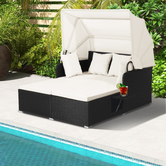 Patio Rattan Daybed with Retractable Canopy and Side Tables-Off White