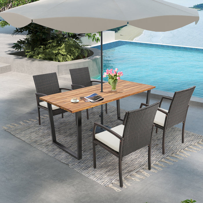 6-Person Acacia Wood Outdoor Dining Table with 2 Inch Umbrella Hole