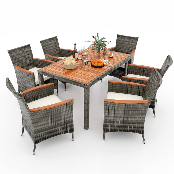 7 Pieces Patio Acacia Wood Cushioned PE Rattan Wicker Dining Set