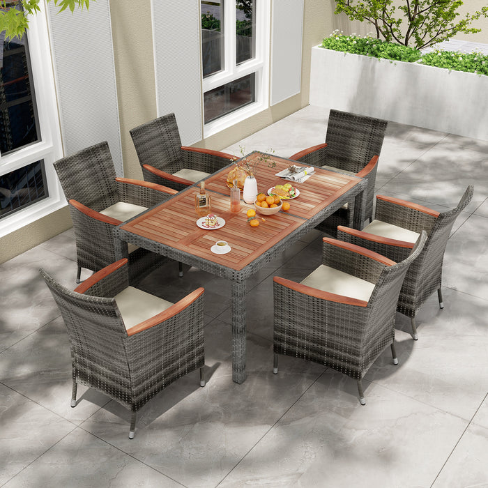 7 Pieces Patio Acacia Wood Cushioned PE Rattan Wicker Dining Set